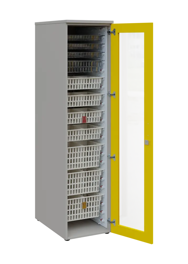 EUROMEDICA S - 46 skříň léková boxová, 1-dveřová/prosklená, pravá, 1950x460x735, korpus šedý, dvířka žlutá odio